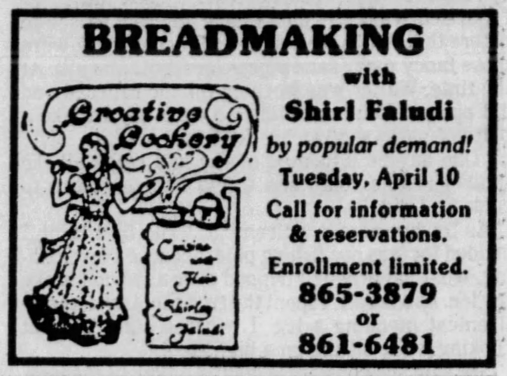 A black-and-white illustration shows an advertisement for breadmaking classes taught by Shirley Faludi