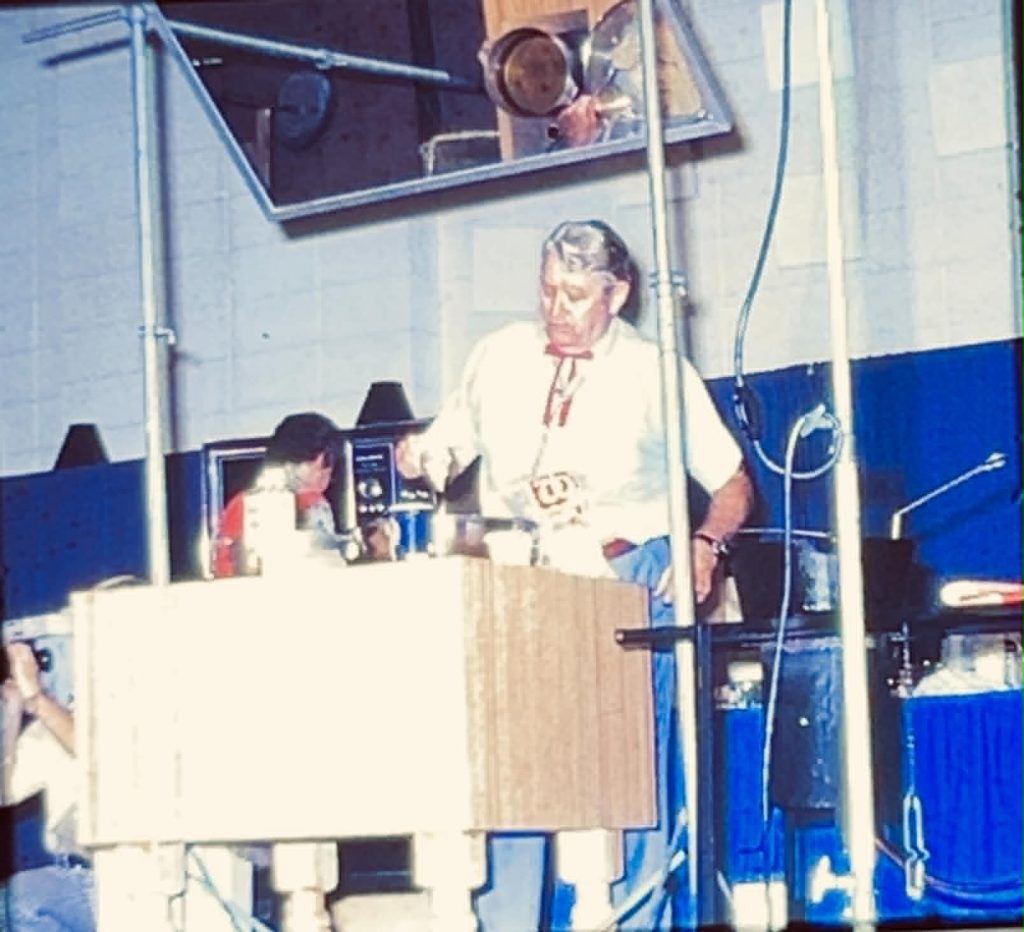 A photo of Chef Justin Wilson cooking at the Red River Revel